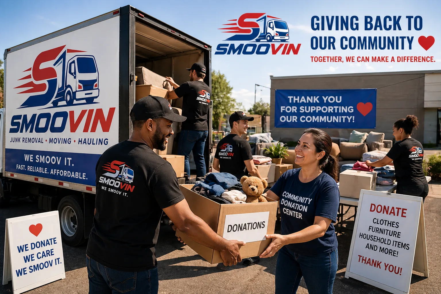 Phoenix donation pickup team sorting reusable items for Goodwill and The Salvation Army