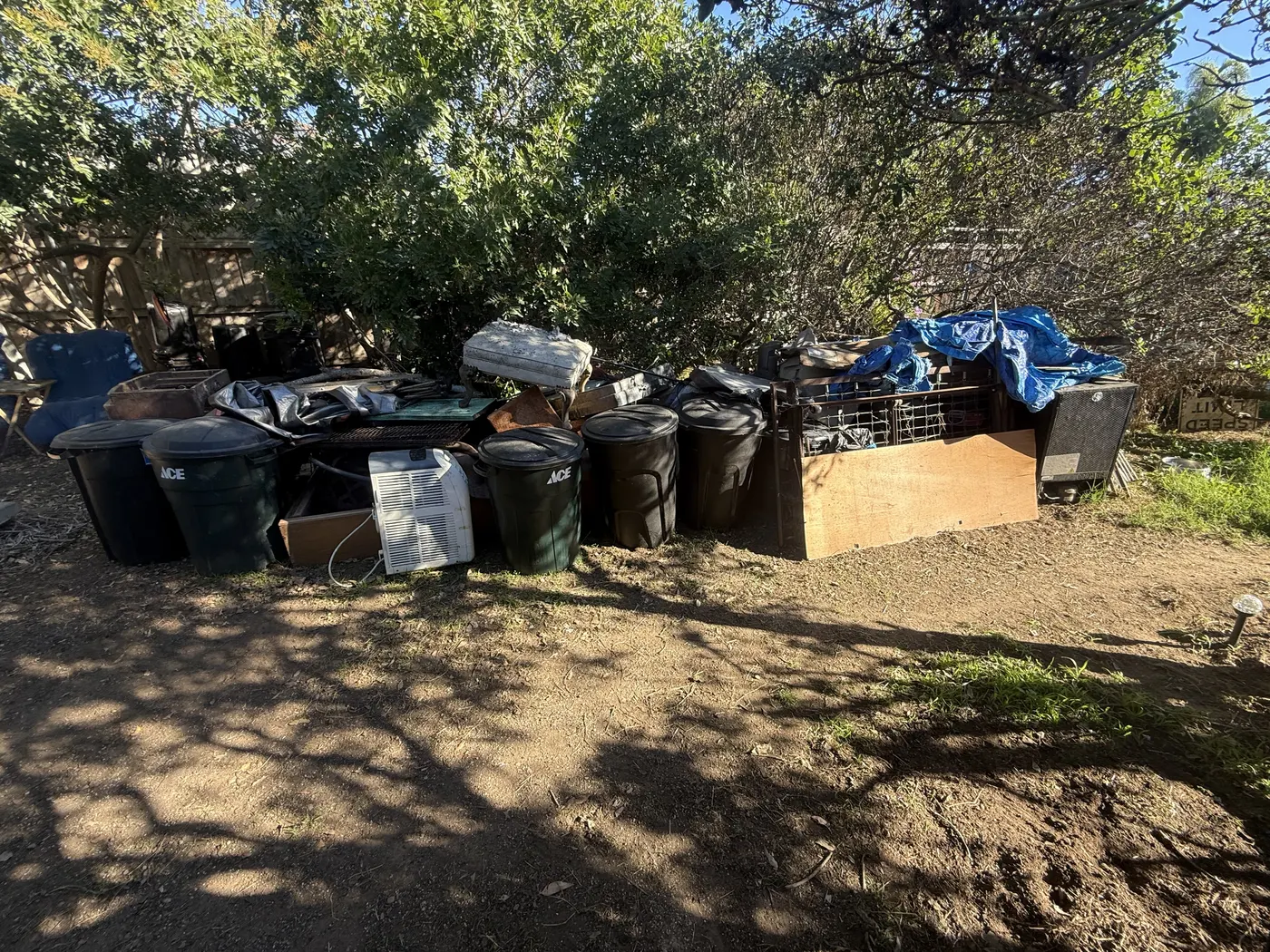 Before removal: an outdoor pile of unwanted household items beneath trees in a Phoenix yard.